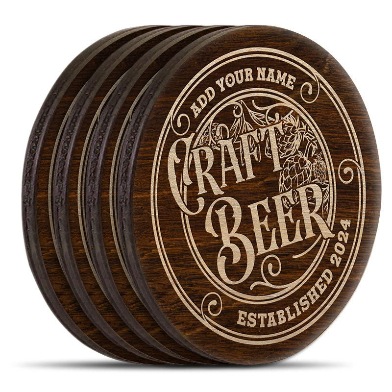 Customizable Engraved Wooden Coasters - Craft Beer Theme - Round - Set of 4