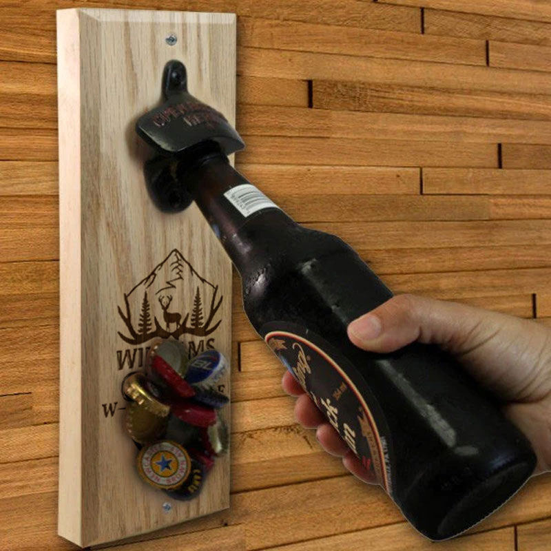 Custom wall outlet mounted bottle opener with cap catch.