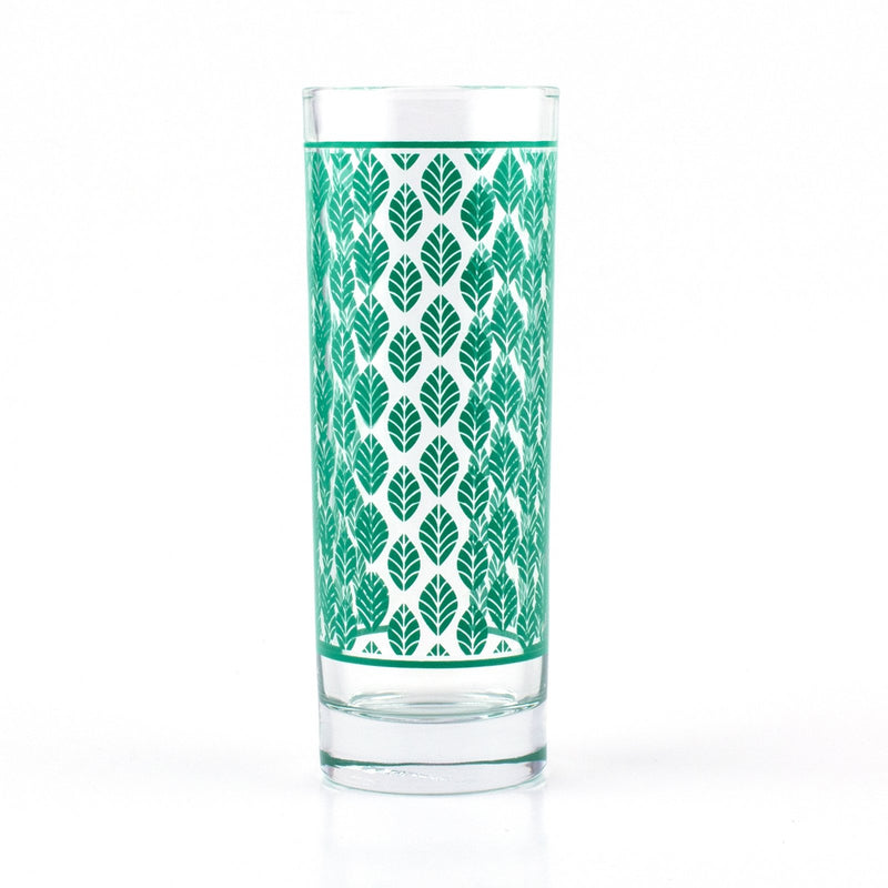 BarConic® Dark Green Retro Leaves Pattern Highball Glass  - 9.5 oz