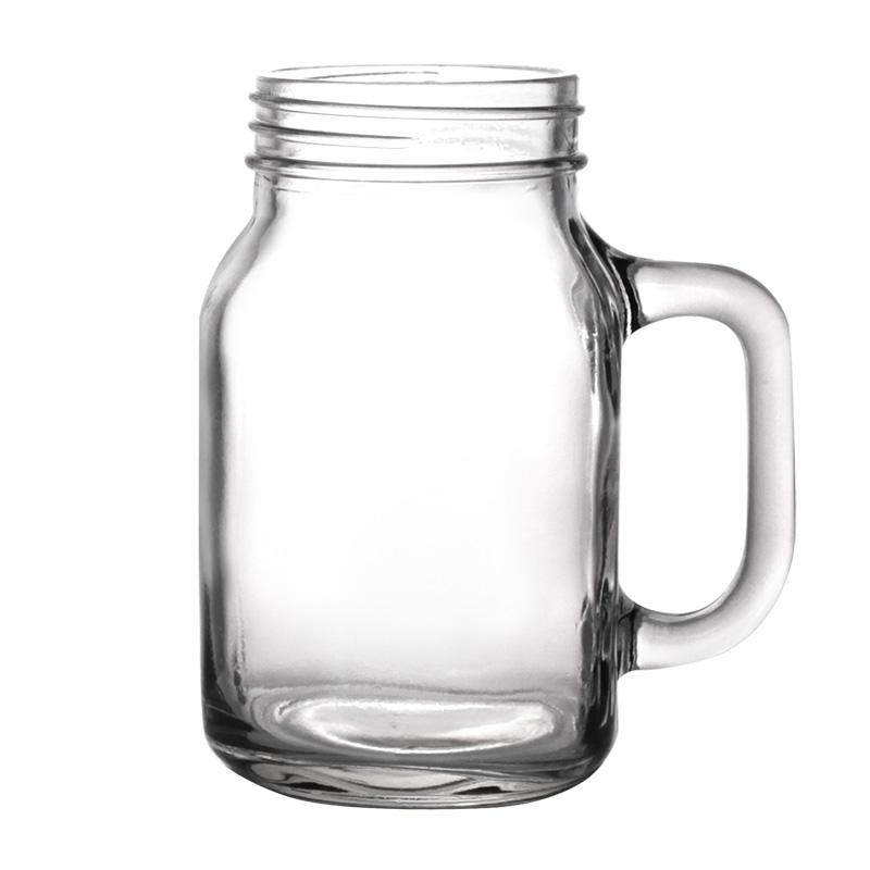 Glass Drinking Mason Jar Cups with Handle & Wooden Carrier with