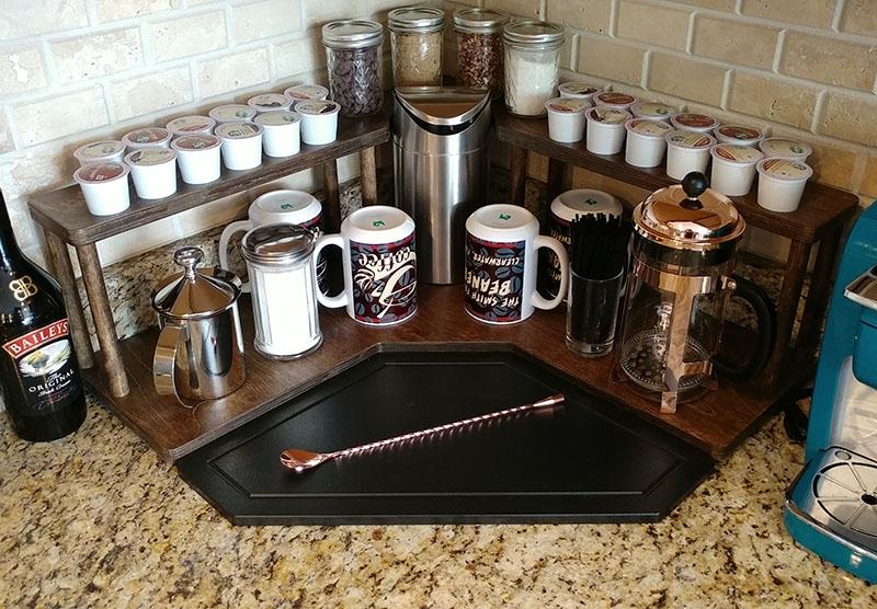Counter Caddies™ - Stained Finish - CORNER Shelf w/ K-CUP Holes & Trash Can Inset