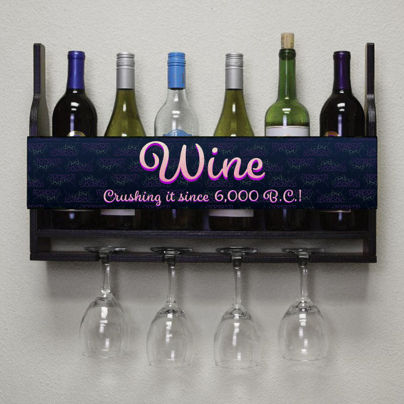 Wall Mounted Wine Bottle & Glass Hanging Shelf w/ Grapes Crushing It Plaque