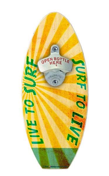 Live to Surf Wooden Surfboard Wall Mounted Bottle Opener