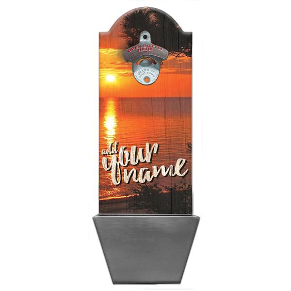 Custom Wooden Bottle Opener with Cap Catcher - Orange Sunset