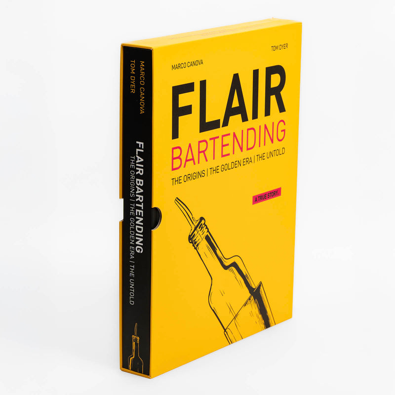 Book titled 'Flair Bartending' with a yellow cover and black text on a white background