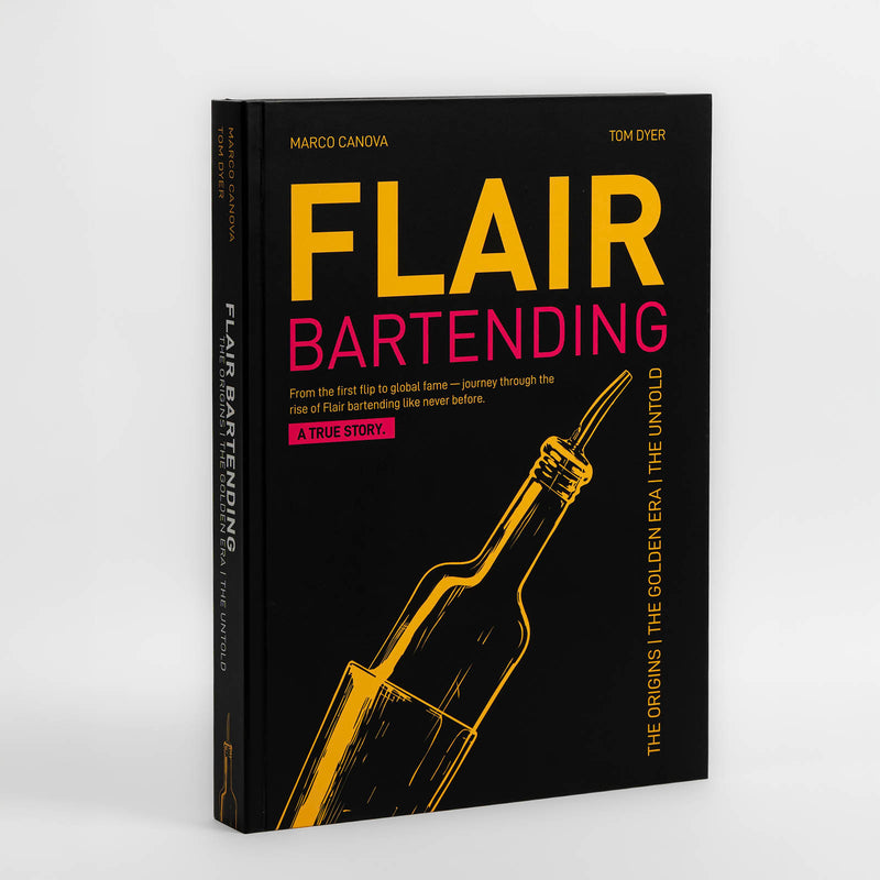 Book titled 'Flair Bartending' with a black cover and yellow text on a white background