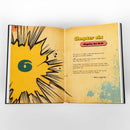 Open book with comic book style design on a white background