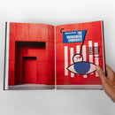 Open book with red interior and graphic design on a white background