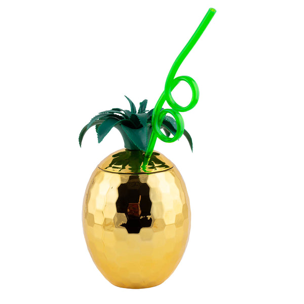 Plastic Gold Pineapple Drinking Cup w/ Straw and Lid - 28oz