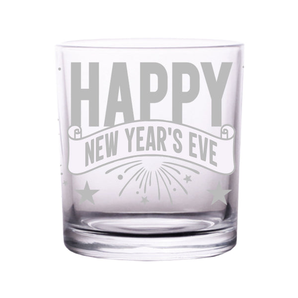 Clear glass with 'Happy New Year's Eve' text on a white background