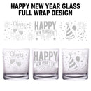 Three glass tumblers with New Year's Eve designs on a white background