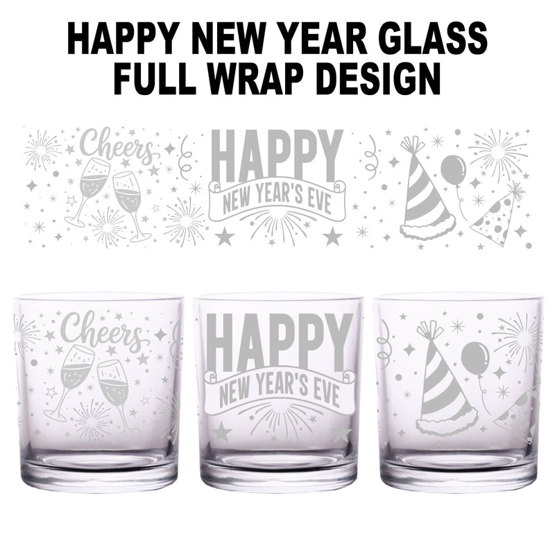 Three glass tumblers with New Year's Eve designs on a white background