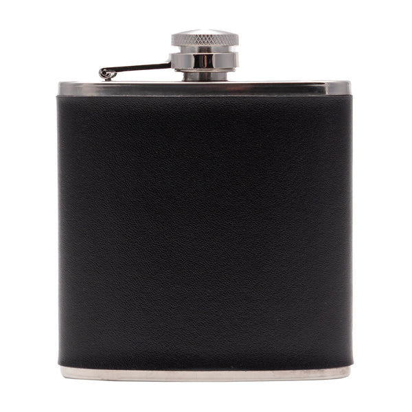 Black leather flask with silver cap on a white background