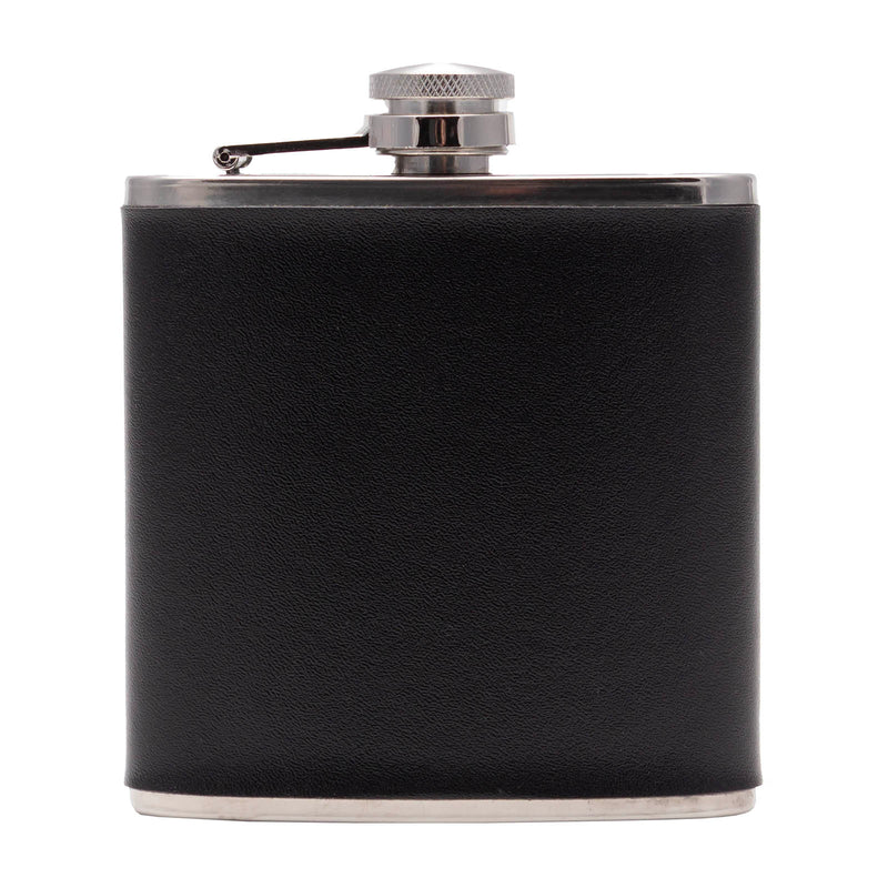 Black leather flask with silver cap on a white background
