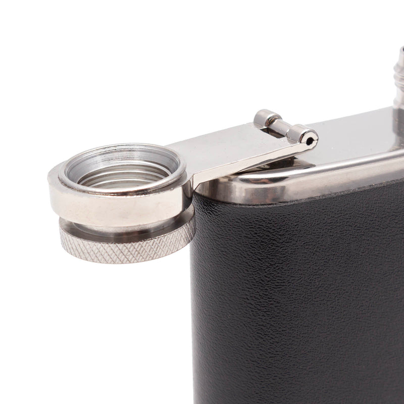 Black leather flask with silver cap on a white background