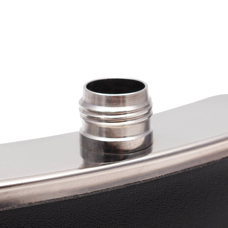 Close-up of a metallic flask with a black lid on a white background