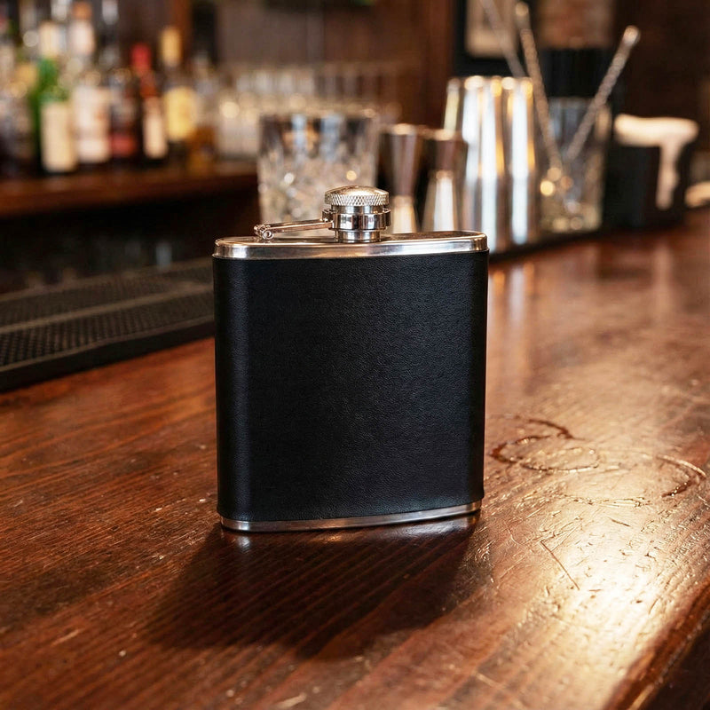 Black leather flask on a bar counter with blurred bar background