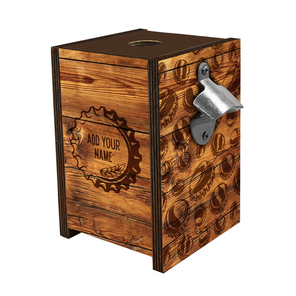 Wooden Bottle Cap Holder Box with Metal Bottle Opener - Walnut Stain - Custom Beer Cap Design