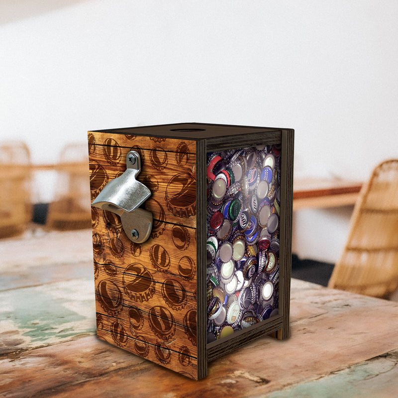 Wooden Bottle Cap Holder Box with Metal Bottle Opener - Walnut Stain - Custom Beer Cap Design