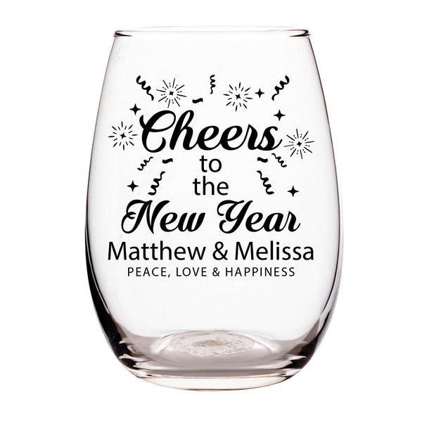 Clear glass wine glass with 'Cheers to the New Year' text and personalized names on a white background