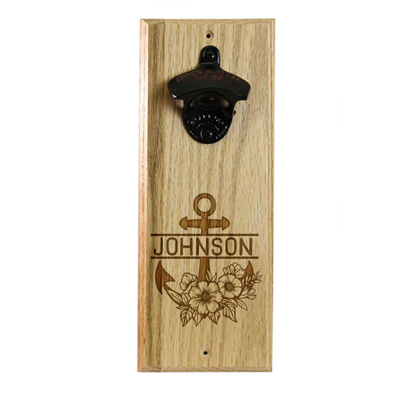 Wooden Wall Bottle Opener w/ Magnetic Cap Catcher - Custom Engraved Anchor Theme