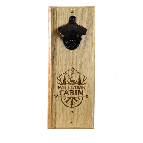 Wooden Wall Bottle Opener w/ Magnetic Cap Catcher - Custom Engraved Mountain Cabin Theme