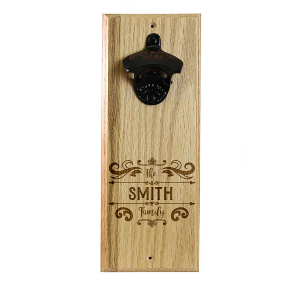 Wooden Wall Bottle Opener w/ Magnetic Cap Catcher - Custom Engraved Family Name Decorative Theme