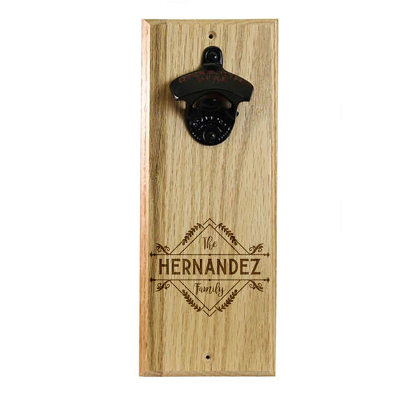 Wooden Wall Bottle Opener w/ Magnetic Cap Catcher - Custom Engraved Family Name Floral Theme