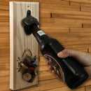 Wooden Wall Bottle Opener w/ Magnetic Cap Catcher - Custom Engraved Family Name Floral Theme