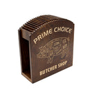 Wooden butcher shop sign with 'Prime Choice Butcher Shop' text and pig diagram on a white background