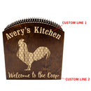 Wooden sign with rooster silhouette and engraved text 'Avery's Kitchen Welcome to the Coop' on a white background.