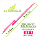 Garnishmate product with pink straw, measurements, and text on a white background