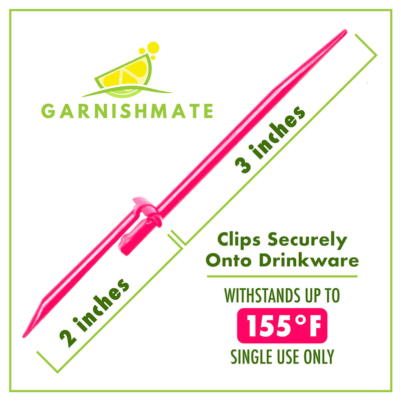 Garnishmate product with pink straw, measurements, and text on a white background