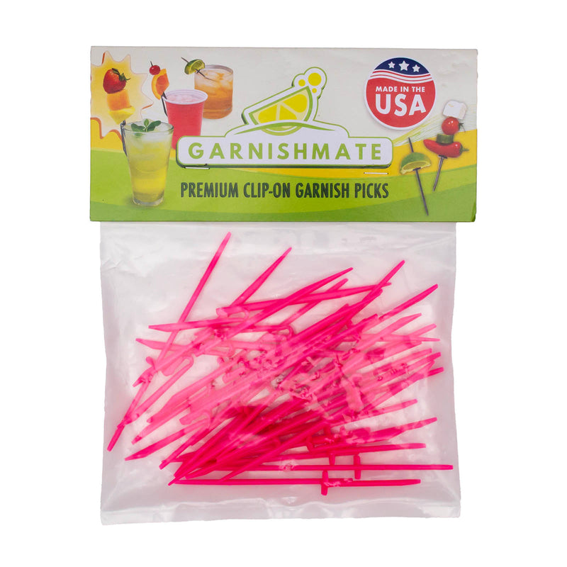 Pack of pink clip-on garnish picks with 'GarnishMate' branding on a white background