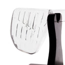 A close-up of a modern transparent glass chair with a ribbed clear backrest and a black metal side support, shown against a plain white background.