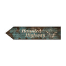 Wooden sign with 'Haunted Highway' text and ghost graphic on a white background