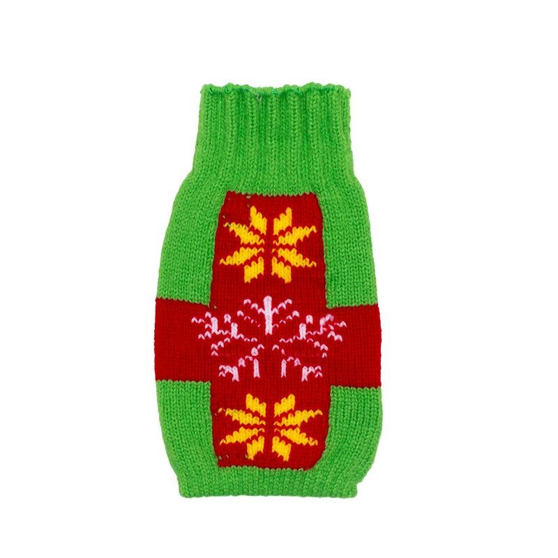 Green and red knitted dog sweater with a pattern on a white background