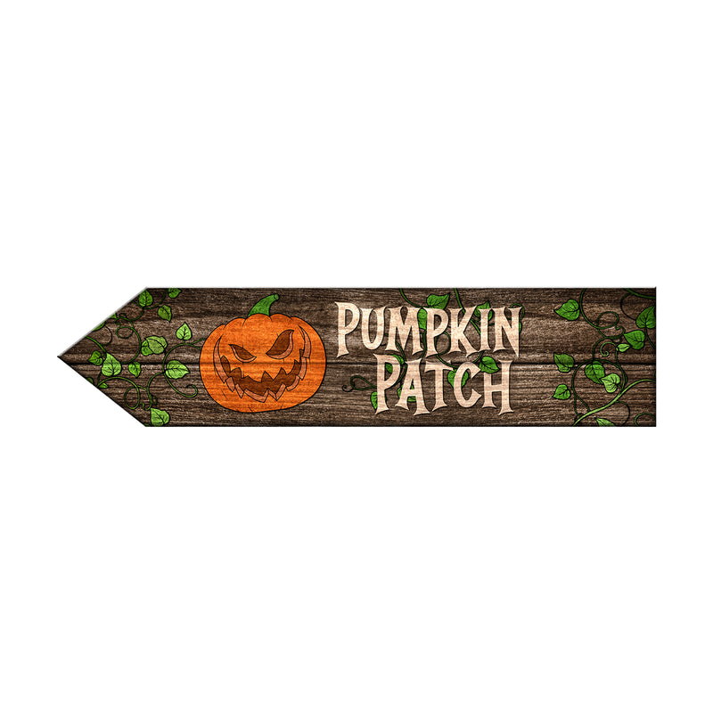 Wooden sign with a jack-o'-lantern design and 'Pumpkin Patch' text on a white background