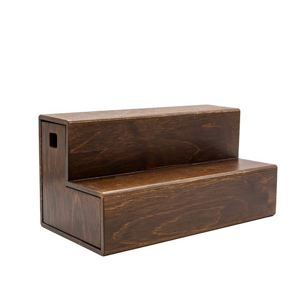 Wooden 2 Tier Shelf with Pull Out Storage for Space Saving - Dark Walnut Stain - 12 and 16 Inch - Handcrafted in the USA