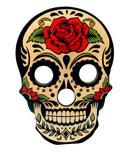Decorative skull design with a red rose on a beige background