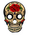 Decorative skull design with a red rose on a beige background