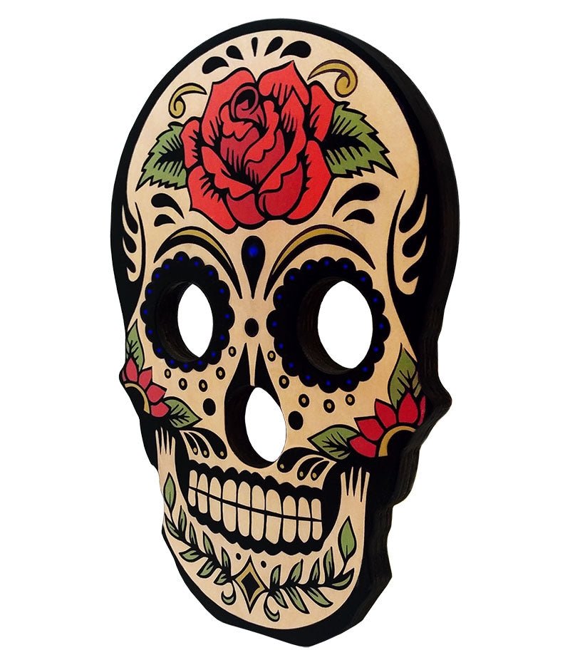 Sugar skull design with a red rose on a beige background
