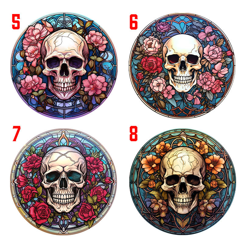 Wooden Round Coasters - Multiple Stained Glass Skulls Design 5-8