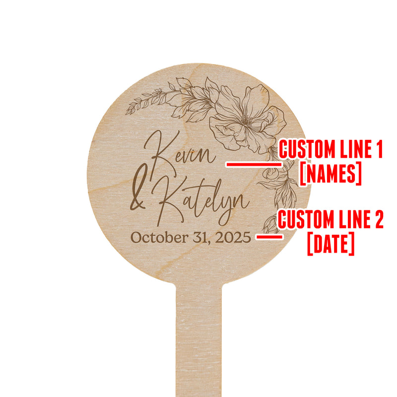 Wooden Planter Tag with engraved text and floral design on a white background