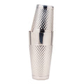 A stainless steel cocktail shaker with a textured, diamond-patterned metal body and a matching lid, shown stacked on a plain white background.