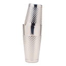 A stainless steel cocktail shaker with a textured, diamond-patterned metal body and a matching lid, shown stacked on a plain white background.