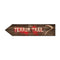 Wooden sign with 'TERROR TRAIL' text and an arrow on a white background