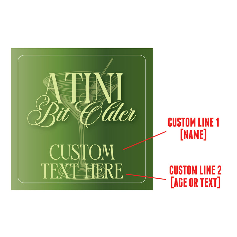 Green label with text and a martini glass illustration on a white background
