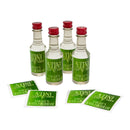 Miniature bottles of alcohol with personalized labels on a white background.