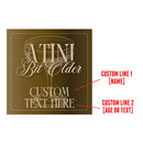 Decorative label with text and a wine glass illustration on a brown background